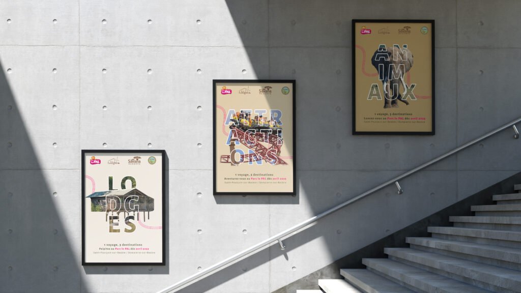 Triptyque affiche publicitaire parc le PAL dans des escaliers