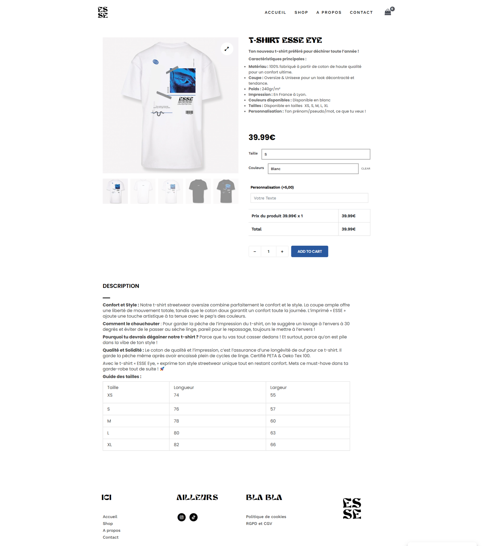 Page produit du site e-commerce ESSE-shop
